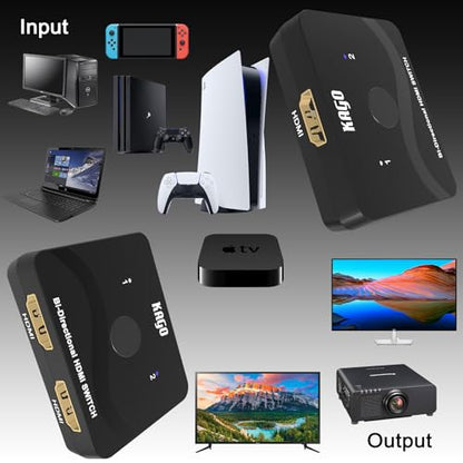 KAGO 4K@60Hz Bi-Directional HDMI Switch Splitter | 2 in 1 Out / 1 in 2 Out, 18Gbps HDCP 2.2, HDR & 3D - size: 2x1