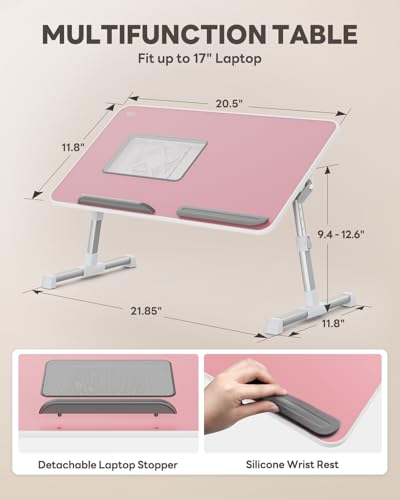 Laptop Desk for Bed with Cooling Fan, Height & Angle Laptop Stand | SAIJI Lap Desk Tray Table, Adjustable Lightweight Foldable Portable Computer Table - color: Pink