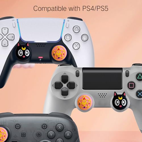 PERFECTSIGHT 4 PCS Cute Thumb Grip Caps for PS5/PS4/Xbox One (Series X, S)/NS Switch Pro Controller, Magic Moon Analog Stick Grips Thumbsticks, Kawaii Silicone Joystick Button Covers (Luna) - color: Black Luna