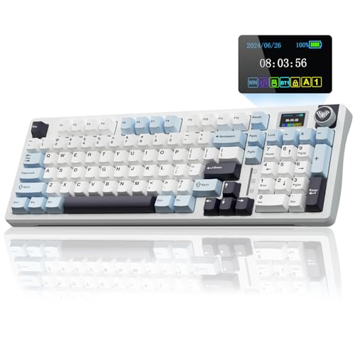AULA S98 Pro Wireless Mechanical Keyboard,Smart Screen & Knob,Tri-Mode BT5.0/USB-C/2.4GHz Creamy Keyboard,Pre-lubed Linear Switches,Hot Swappable RGB Backlit Computer Gaming Keyboards - color: White&Blue