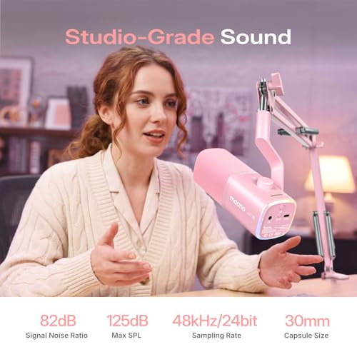MAONO PD100W Wireless USB Dynamic Microphone, Gaming PC Mic with One-Click Noise Reduction,Mute Button,Custom RGB,3.5mm Headphone Jack,Software,Podcast Streaming Mic (Boom Arm(USB-C Receiver), Pink) - color: Pink