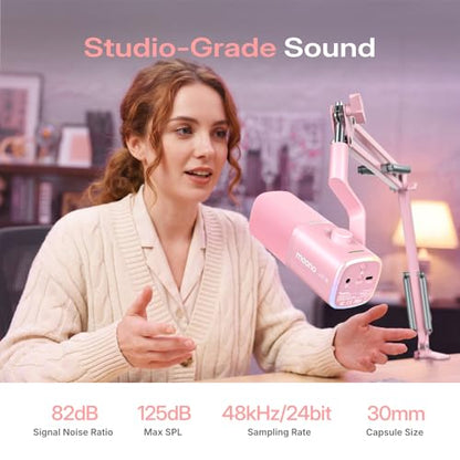 MAONO PD100W Wireless USB Dynamic Microphone, Gaming PC Mic with One-Click Noise Reduction,Mute Button,Custom RGB,3.5mm Headphone Jack,Software,Podcast Streaming Mic (Boom Arm(USB-C Receiver), Pink) - color: Pink