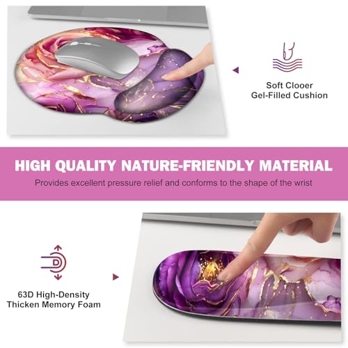 Gaming Mouse Pad Large Desk Mat, Cute Purple Marble Rose Desk Pad Protector | 4in1 XXL Mousepad + Keyboard Wrist Rest+Mouse Wrist Rest+Coaster Set with Ergonomic Desk Pad for Home Office PC,Flowers - color: Marble Rose Purple Flowers