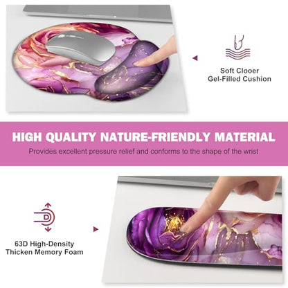 Gaming Mouse Pad Large Desk Mat, Cute Purple Marble Rose Desk Pad Protector | 4in1 XXL Mousepad + Keyboard Wrist Rest+Mouse Wrist Rest+Coaster Set with Ergonomic Desk Pad for Home Office PC,Flowers - color: Marble Rose Purple Flowers