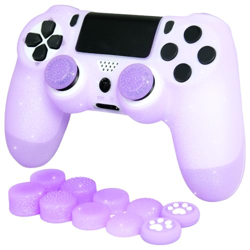 Purple Glitter Anti-Slip Protective Silicone Cover Skin Compatible with PS4/Slim/Pro Controller,8 PCS Glitter Thumb Grips Caps and 2 Grips Caps. - color: Glitter Purple