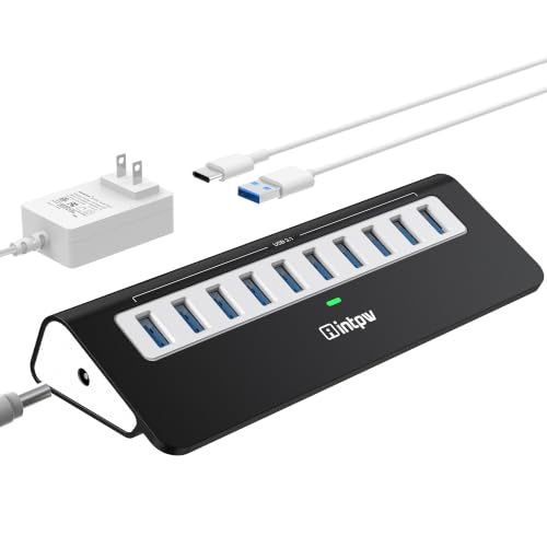 Powered USB Hub, intpw 10 Port USB 3.1 Hub with 10Gbps Data Transfer, 36W(12V/3A) Power Adapter, USB Type A and Type C Cable, Grey USB Hub for Laptop, MacBook and Desktop Computer - color: Black, size: 10 data