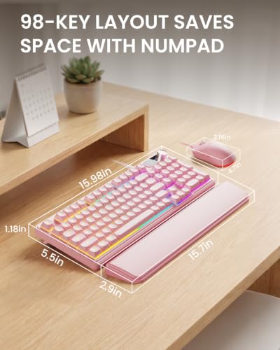 EWEADN Wired Keyboard and Mouse Combo with Detachable Wrist Rest, Quiet Ergonomic Keyboard Mouse Set with Multimedia Knob, RGB Backlit, Double-Shot Keycaps Natural Typing for Laptop, PC - Pink - color: Pink