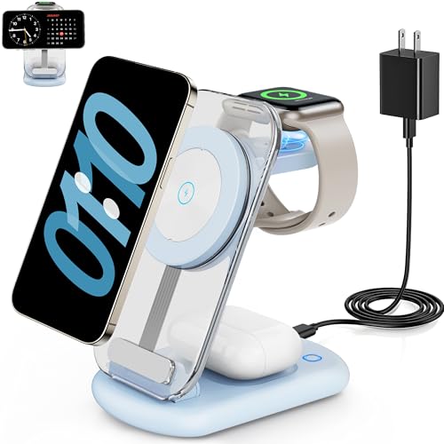 2026 Traveling Wireless Mag-Safe Fast Charging Station,Magnetic 3 in 1 Charger with Light for iPhone 16 15 14 13 12 Pro Max Plus,Apple Watch Series & Air pods 4 3 2 Pro-Gifts for Wife & Husband(Blue) - color: Blue