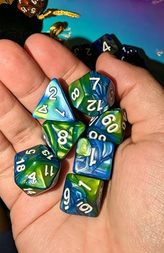 Blue Mix Green DND Dice Set for Dungeon and Dragons D&D Pathfinder Role Playing Game RPG Polyhedral Dice with Dice Bag - color: Green Mixed Blue