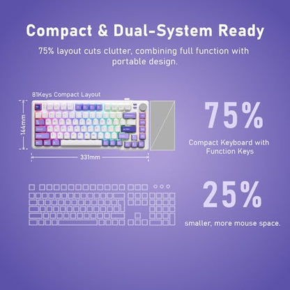 iRocks K103R Wireless Rechargeable RGB 75% Mechanical Gaming Keyboard, Hot Swappable Pre-lubed Switches, 81 PBT Keys, Gasket Mount, USB-C Detachable Cable (Lavender Purple, Bubble Switch) - color: Lavender Purple, size: Bubble Switch