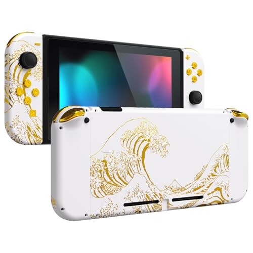 eXtremeRate DIY Replacement Shell Buttons for Nintendo Switch, Back Plate for Switch Console, Housing with Full Set Buttons for Joycon Handheld Controller - The Great Golden Wave Off Kanagawa - White - color: The Great Wave Off Kanagawa - White