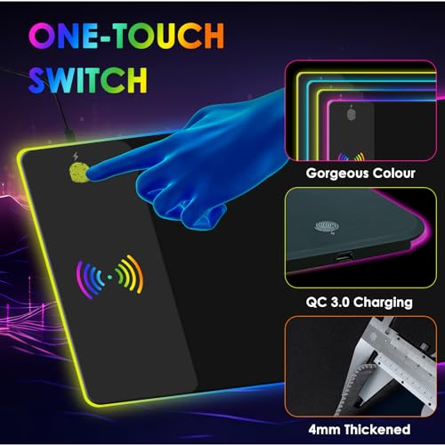 RGB Gaming Mouse Pad with Wireless Charging 15W, 14 Lights Touch Button LED Mouse Mat Extra Large Mousepad Non-Slip Rubber Base Waterproof Computer Keyboard Mat for Gaming, PC, Laptop, 800x300x4MM