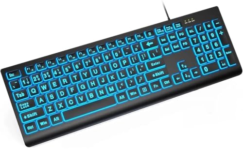 SABLUTE K11PRO Large Print Backlit Keyboard, 3X Larger Font Wired USB Lighted Computer Keyboard with 7-Color LED Illuminated Keys, Desktop Workstation Keyboard Compatible for PC Laptop Windows - color: Classic Black
