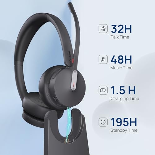 Yealink WH64 Hybrid DECT Dongle & Bluetooth Wireless Headset for Work | Teams & Zoom Work Headphones with Charge Stand, 492ft Long Range, 3X Noise Canceling Mic, 32-Hour Battery Life for Office - style: WH64 Hy-Dual with Stand