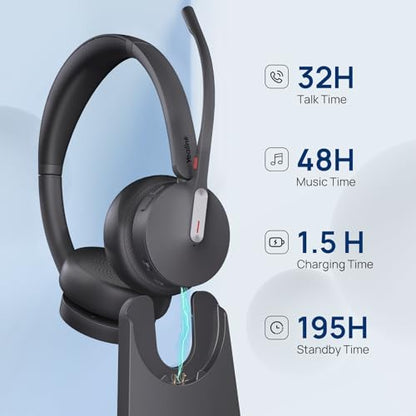 Yealink WH64 Hybrid DECT Dongle & Bluetooth Wireless Headset for Work | Teams & Zoom Work Headphones with Charge Stand, 492ft Long Range, 3X Noise Canceling Mic, 32-Hour Battery Life for Office - style: WH64 Hy-Dual with Stand