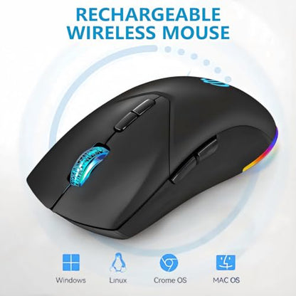 Wireless Mouse, Bluetooth Rechargeable Mouse, Dual Mode BT 5.2 + 2.4G USB Silent Wireless Bluetooth Mouse, RGB Ergonomic Design, 3-Level Adjustable DPI Mouse for Laptop, PC, Mac, Ipad, Black - color: Black