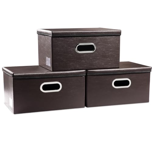 PRANDOM Collapsible Storage Box with Lid [3-Pack] Leather Fabric Foldable Storage Bin Organizer Container Basket Cube with Cover for Home Bedroom Closet Office Nursery Brown(13.6x9.6x6.9) - color: Brown, size: Small(3-Pack)
