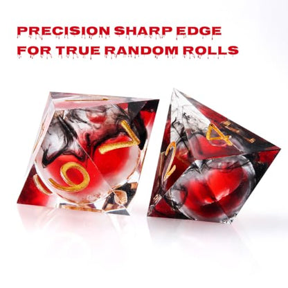 Haxtec Sharp Edge DND Dice Set, Liquid Core Resin Polyhedral RPG Dice | Black Swirls D&D Dice, Compatible with Dungeons and Dragons, Red Blood Liquid, Handmade 7-Die with Metal Case, MTG Gifts - color: Blood & Black