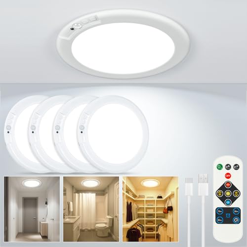 Wireless Rechargeable Ceiling Light, Motion Sensor Light Indoor with Remote | 4 Packs Battery Operated Led Night Lights for Bedroom Hallway, Living Room, Bathroom, Home & Kitchen Decor Lighting - color: Multicolor, size: 4 Packs