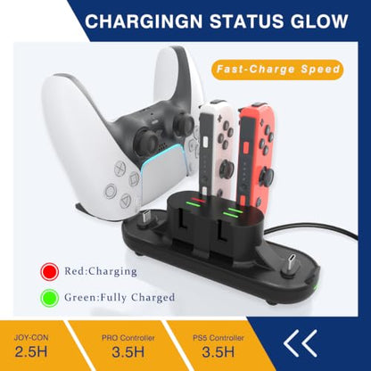 Switch Controller Charger for Nintendo Switch, Charging Dock with JoyCon/Pro / PS5 Controller, Charger Station with LED Indicator and Charger Cable for JoyCons, 6 in 1 Nintendo Charging Dock - size: 80cm