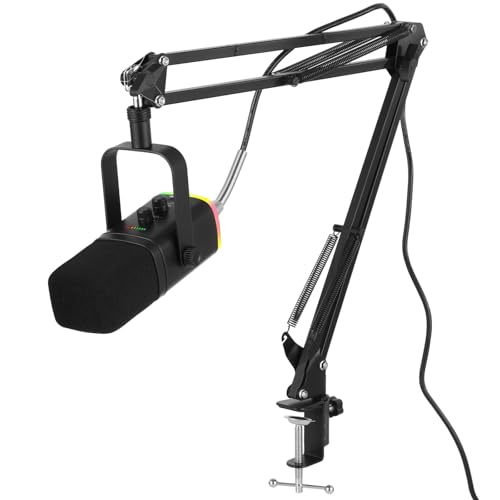 OMISTAR Dynamic Streaming USB Microphone for PC, Wireless Gaming Microphone with Boom Arm, Gaming Mic with RGB Light, Noise Reduction, Volume & Echo Knobs (100W-Boom Arm)