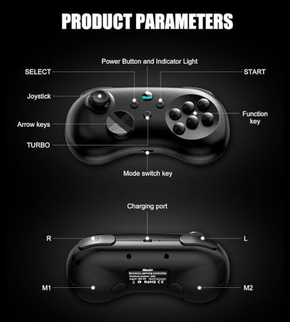 Wireless Fighting Controller for iOS/Android/Switch/PS4/PS3/PC, 6-Button Layout Bluetooth Controllers Retro Gamepad with Hall Joystick/Hall Trigger/Turbo/Programming Key for SEGA’s Classic Games,Black. - color: Black