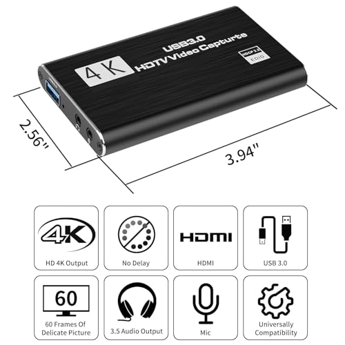 4K HDMI Video Capture Card, Plug & Play USB 3.0 Gaming Capture Card with Microphone - No Driver Needed for PC/Mac, 1080P 60FPS for Nintendo Switch, PS5, PS4, Xbox, OBS Streaming