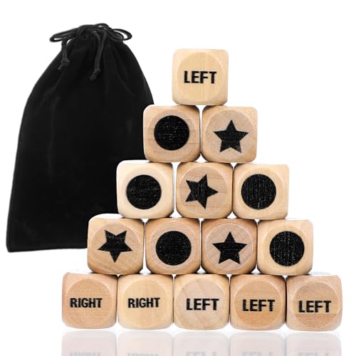 15 Pcs Left Right Center Game Dice 16mm Wooden Dice with Drawstring Bag Standard Size 6 Sided for Left Right Center Game Dices Accessorie Family Indoor Outdoor Travel Easy to Store and Carry