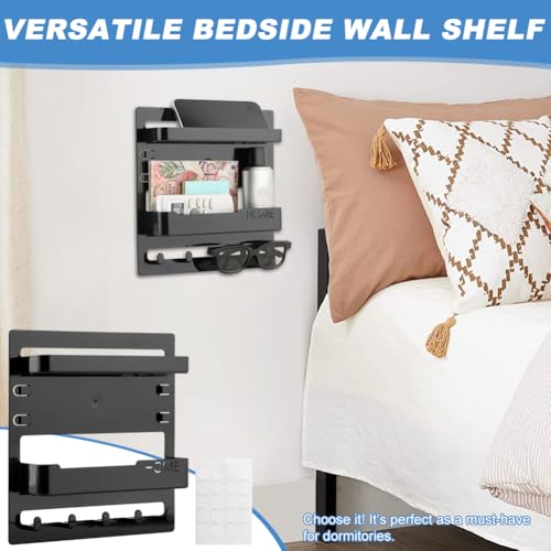 Bedside Shelf Wall Mount & Wall Nightstand for Bedroom,9 * 9.45inch Adhesive Nightstand Wallshelf with 5 Hooks,Wall Mount Shelf for Charging Station and Remote Control Holder(Black) - color: Black