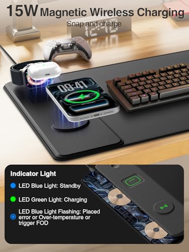 Magnetic Wireless Charging Mouse Pad, 31.5"x15.8" Large Desk Mat | Waterproof Mousepad, Smooth Glide, Stitched Edge, Non-Slip Rubber Base, Desk Pad Computer Keyboard Mat, with Adapter - color: Black-Adatper