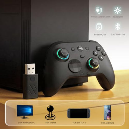 RALAN HD-151D Wireless PC Controller with Hall Effect Joysticks & Triggers, 1300mAh Battery & Custom RGB Lighting, 1000Hz Polling Rate, 2.4G/Bluetooth/USB-C, 3.5mm Audio Jack, 4 Onboard Profiles, Remappable Back Buttons Compatible with PC/Switch/Steam/And