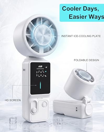 Portable Handheld Fan, 100-Speed Turbo Rechargeable Mini Fan | 3-in-1 Wearable Foldable Fan with Ice Compress Cooling. Ideal for Travel, Outdoor, Office. Compact & Long Battery Life. - color: White