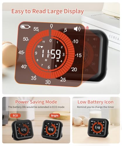 Digital Magnetic Visual Kitchen Timer, Up to 11H 59M Countdown & Count Up | USB-C Rechargeable, Large VA Display, Adjustable Volume and Brightness, Memory Recall Function for Kitchen, Classroom, Study - color: Black