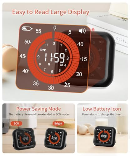 Digital Magnetic Visual Kitchen Timer, Up to 11H 59M Countdown & Count Up | USB-C Rechargeable, Large VA Display, Adjustable Volume and Brightness, Memory Recall Function for Kitchen, Classroom, Study - color: Black