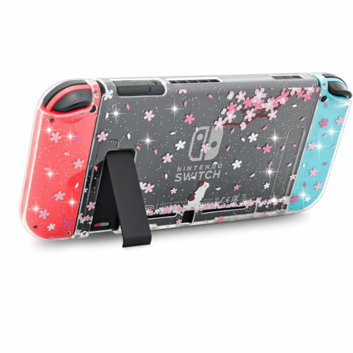 ECHZOVE Cute Glitter Switch Case with Cherry Blossom Flowers – Clear Dockable Protective Cover with Screen Protector & Thumb Grips, Aesthetic Pink Gaming Accessories Gift for Girls - color: Flower