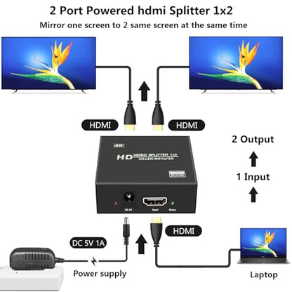4K@60Hz 1x2 HDMI Splitter 4:4:4,18 Gbps,2 Port Powered HDMI 2.0 Splitter 1 in 2 Out Support Dual Monitors,Only Duplication/Mirror Screens (Not Extend) for HDTV/PS5 - size: 4K@60Hz 1x2 splitter