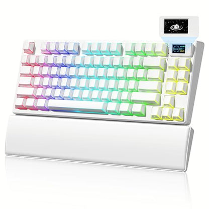 Womier 75% Wireless Mechanical Keyboard with Color Multimedia Screen | PC Gaming Keyboard, 3-Modes Hot Swappable Shine Through Manga Keyboard w/Wrist Rest, Gasket RGB Custom for Mac/Win (SK80 PRO） - color: White-1