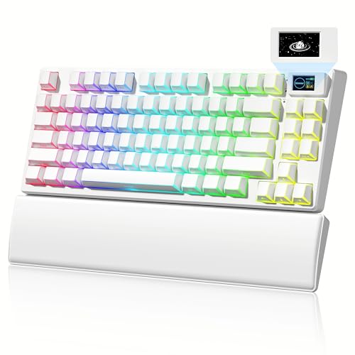 Womier 75% Wireless Mechanical Keyboard with Color Multimedia Screen | PC Gaming Keyboard, 3-Modes Hot Swappable Shine Through Manga Keyboard w/Wrist Rest, Gasket RGB Custom for Mac/Win (SK80 PRO） - color: White-1