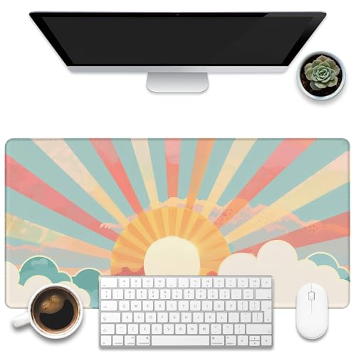 Large Gaming Mouse Pad for Desk, Boho Pastel Sun Desk Mat, Colorful Sunshine Desk Pad, 31.5"x15.7" Extended Big Computer Keyboard Mouse Pad with Non-Slip Base and Stitched Edge - color: Boho Pastel Sun
