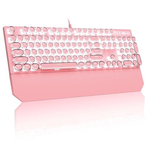 MageGee Typewriter Mechanical Gaming Keyboard, Retro Punk Pink Round Keycaps, 104 Keys LED White Backlit Wired Keyboards for Laptop MAC PC Gamer, with Magnetic Wrist Rest, Blue Switch - color: Pink