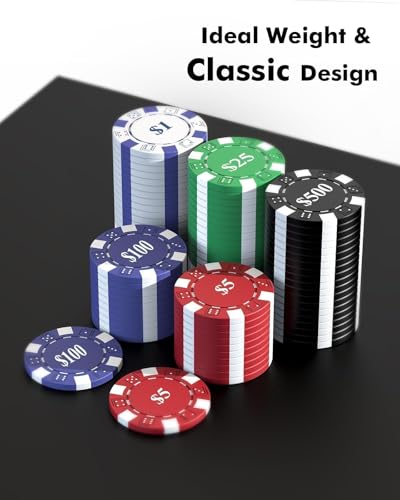 HEITOK 600pc Poker Chip Set 11.5g Iron Core Denominations Texas Holdem | 2-16 players, numbered values 1/5/25/100/500, aluminum case, cards, dice, dealer/small/big blind buttons, Blackjack - size: 600 numbered chips set