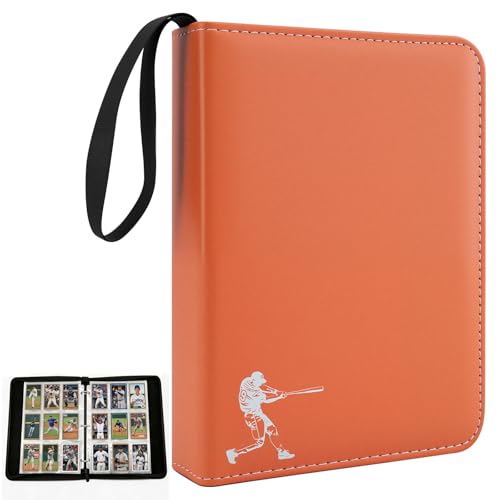 PU Leather Baseball Card Binder,Double Sided Orange Card Binder 9 Pocket Holds 900 Cards,50 Removable Sleeves Baseball Cards Binder,3 Ring Zipper Holder Sports Cards Collection for TCG, MTG - color: Orange, size: Large