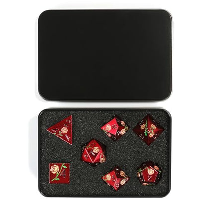Rose Engraved Metal Dice Set 7PCS for DND RPG Tabletop Gaming | Solid zinc alloy build with 150g weight for balanced rolls(Red with Golden Rose) - color: Red With Golden Rose