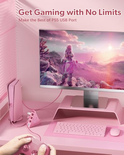 4-Port USB 3.0 Hub, FlyingVHUB Vertical Data USB Hub with 2 ft Extended Cable, for Mac, PC, Xbox One, PS4, PS5, iMac, Surface Pro, XPS, Laptop, Desktop, Flash Drive, Mobile HDD(Pink) - color: Pink-A