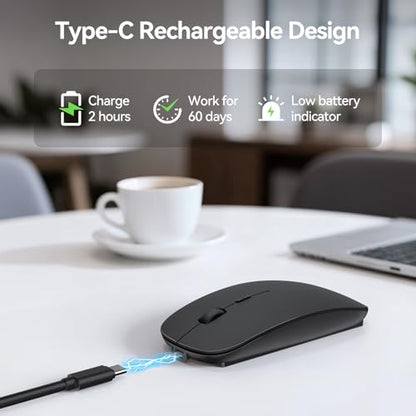 TECKNET Wireless Mouse, 4800 DPI Rechargeable Bluetooth Mouse for Laptop | Bluetooth 5.2/3.0 & 2.4G, Ultra-Thin, 6-Level Adjustable 4800 DPI Computer Mouse for Mac OS, iPad, Windows, Android - color: black