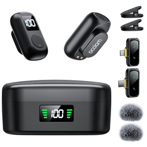 occiam Mini Lavalier Microphone for iPhone & Android Wireless Microphone | Noise Reduction Magnetic Mini Lapel Mic with 54H Charging Case for YouTube Podcast Tiktok Vlogging Video Recording Black