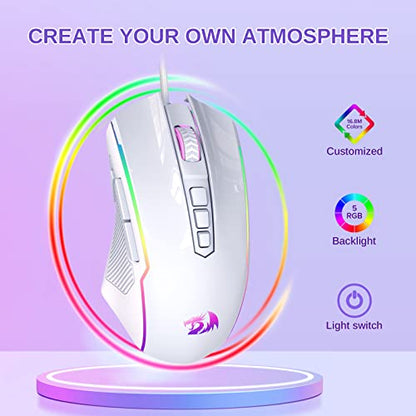 Redragon Gaming Mouse, Wired White Mouse with RGB Backlit, 8000 DPI Adjustable, PC Gaming Mice with 9 Programmable Macro Buttons & Fire Button, PC Gaming Mouse for Windows/Mac, White - color: white