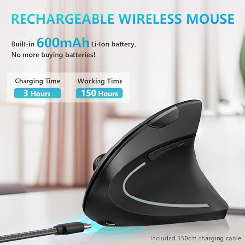 Lekvey Ergonomic Mouse, Rechargeable Vertical Wireless Mouse, Comfort Grip | Long Battery Life, USB-C Charging, Quiet Click, Carpal Tunnel Support, 2.4G Wireless, 3DPI 800/1200/1600, for Laptop, Mac, PC
