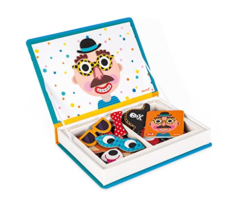 Janod - Magnetibook 83 Pc Magnetic Boy Crazy Face Dress Up Game - Decorating Fridge with Magnetic Letters - Enhances Creativity and Learning - Boosts Self-Confidence - Portable and Easy Storage | Enhances Creativity and Learning - Boosts Self-Confidence -