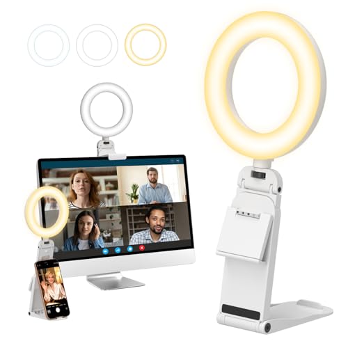 Ring Light for Laptop Desk Clip On,Small Computer Video Conference Lighting with Stand for Phone/Webcam/Monitor,5" Portable Mini LED Selfie Light Desktop for Zoom Meeting/Video Call/Recording(White) - size: 1Pack-White